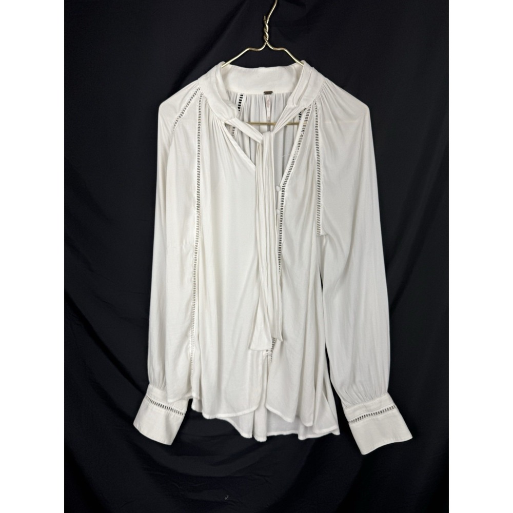 Free People Cream Pleated Blouse Sz M Tie Neck Ladder Trim Long Sleeve Gypsy